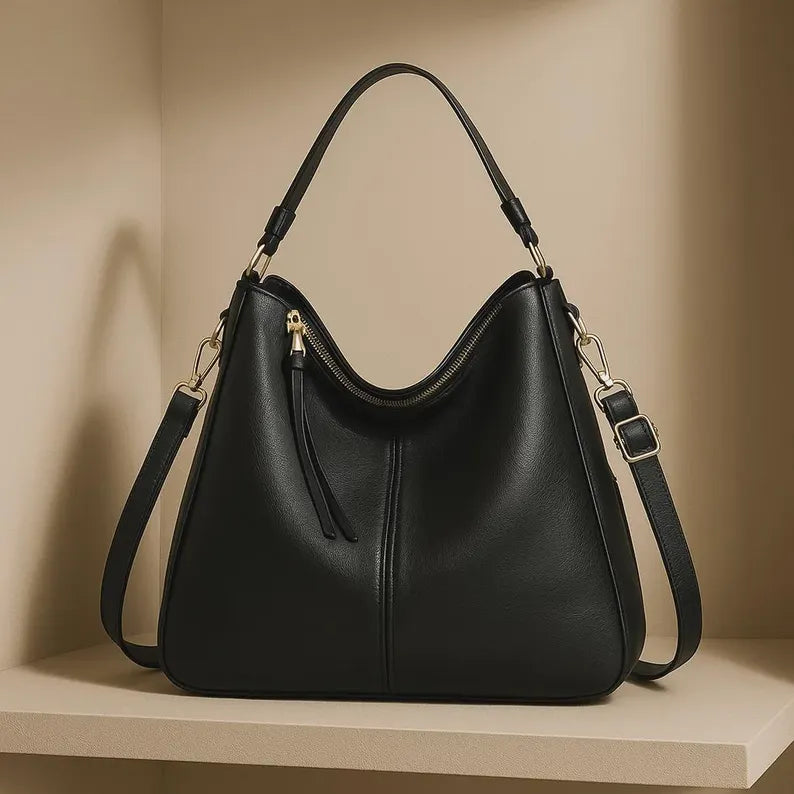 Damen Hobo Umhängetasche aus Kunstleder in Schwarz – elegante Alltagstasche